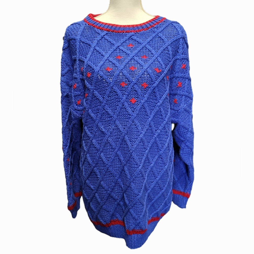 Vintage 1990s Sahara Club vibrant blue and red cableknit crew neck sweater